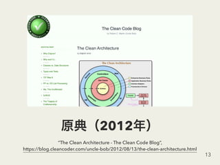 2012
”The Clean Architecture - The Clean Code Blog”,
https://blog.cleancoder.com/uncle-bob/2012/08/13/the-clean-architecture.html
13
 