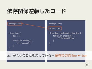 package foo;
class Foo {
Buz x;
function doFoo() {
x.process();
}
}
interface Buz {
function process();
}
37
package bar;
import foo;
class Bar implements foo.Buz {
function process() {
// do something...
}
}
bar foo = foo ← bar
 