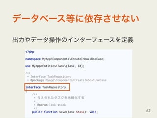 62
<?php
namespace MyAppComponentsCreateInboxUseCase;
use MyAppEntitiesTask{Task, Id};
/**
* Interface TaskRepository
* @package MyAppComponentsCreateInboxUseCase
*/
interface TaskRepository
{
/**
* 与えられたタスクを永続化する
*
* @param Task $task
*/
public function save(Task $task): void;
 