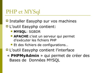 PHP et MYSql
 Installer Easyphp sur vos machines
 L’outil Easyphp contient:
 MYSQL: SGBDR
 APACHE:c’est un serveur qui permet
d’exécuter les fichiers PHP
 Et des fichiers de configurations…
 L’outil Easyphp contient l’interface
« PHPMyAdmin » qui permet de créer des
Bases de Données MYSQL
 