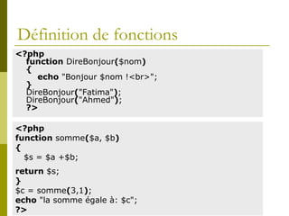 Définition de fonctions
<?php
function DireBonjour($nom)
{
echo "Bonjour $nom !<br>";
}
DireBonjour("Fatima");
DireBonjour("Ahmed");
?>
<?php
function somme($a, $b)
{
$s = $a +$b;
return $s;
}
$c = somme(3,1);
echo "la somme égale à: $c";
?>
 