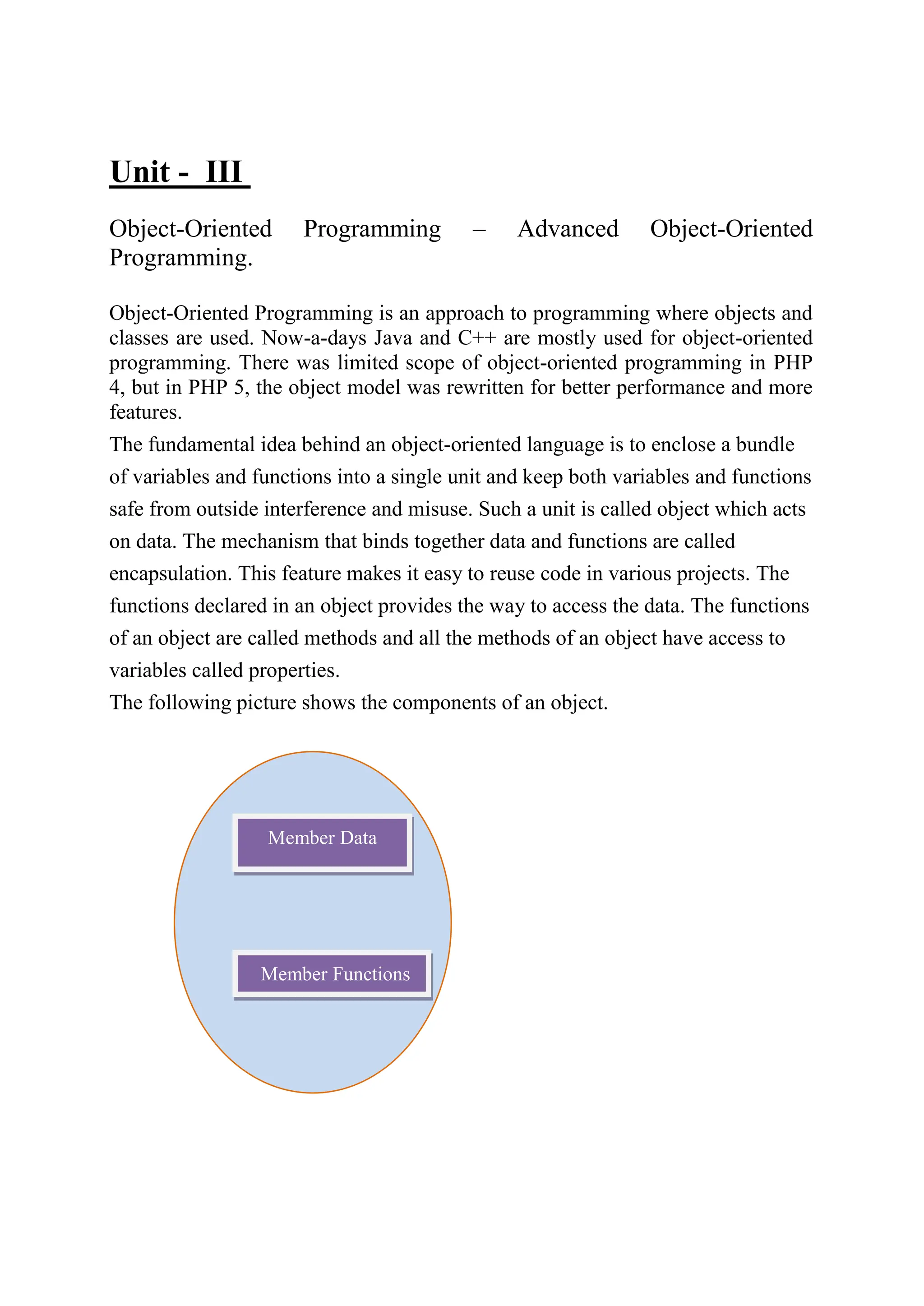 Unit - III
Object-Oriented Programming – Advanced Object-Oriented
Programming.
Object-Oriented Programming is an approach to programming where objects and
classes are used. Now-a-days Java and C++ are mostly used for object-oriented
programming. There was limited scope of object-oriented programming in PHP
4, but in PHP 5, the object model was rewritten for better performance and more
features.
The fundamental idea behind an object-oriented language is to enclose a bundle
of variables and functions into a single unit and keep both variables and functions
safe from outside interference and misuse. Such a unit is called object which acts
on data. The mechanism that binds together data and functions are called
encapsulation. This feature makes it easy to reuse code in various projects. The
functions declared in an object provides the way to access the data. The functions
of an object are called methods and all the methods of an object have access to
variables called properties.
The following picture shows the components of an object.
Member Data
Member Functions
 