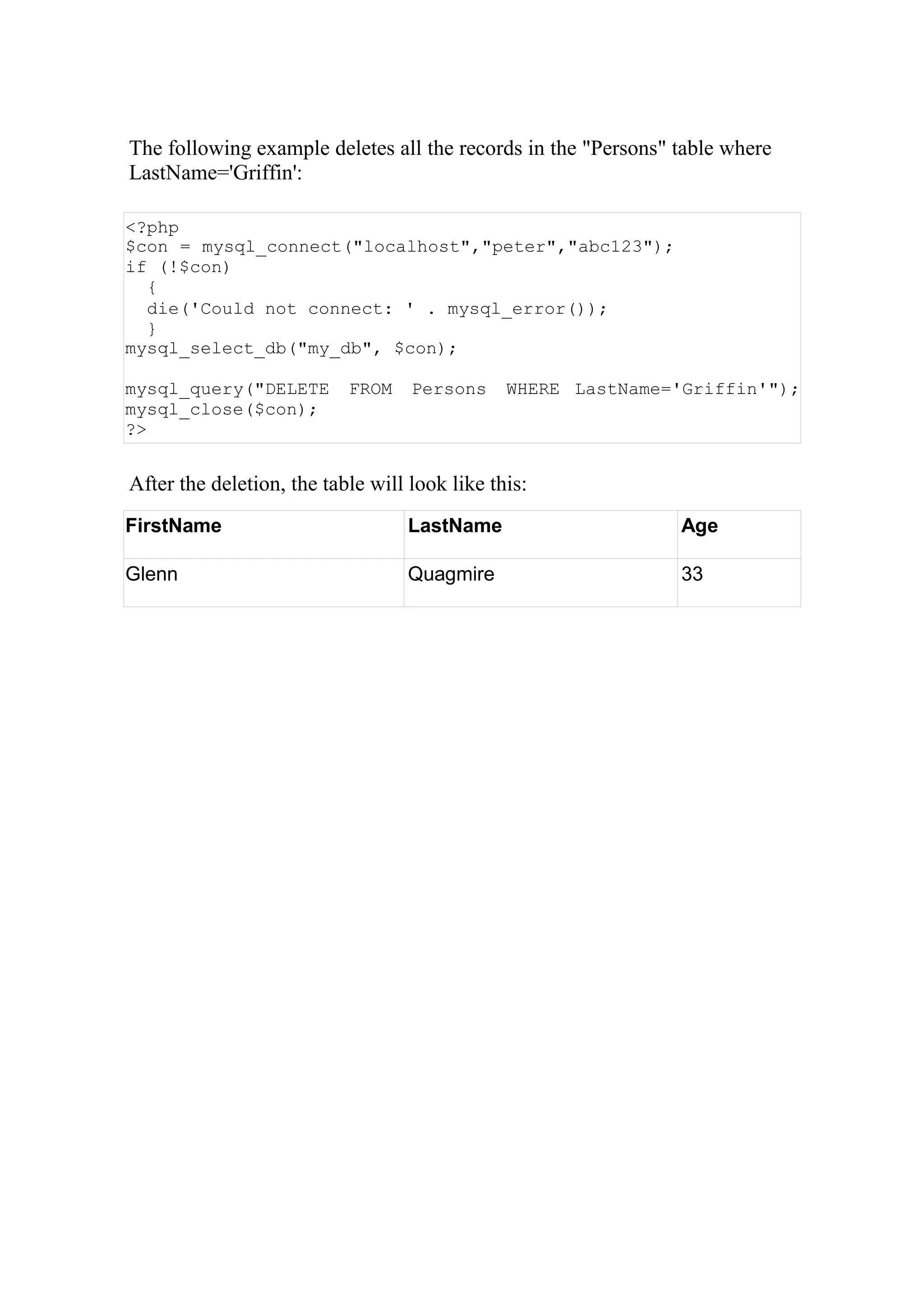 The following example deletes all the records in the "Persons" table where
LastName='Griffin':
<?php
$con = mysql_connect("localhost","peter","abc123");
if (!$con)
{
die('Could not connect: ' . mysql_error());
}
mysql_select_db("my_db", $con);
mysql_query("DELETE FROM Persons WHERE LastName='Griffin'");
mysql_close($con);
?>
After the deletion, the table will look like this:
FirstName LastName Age
Glenn Quagmire 33
 