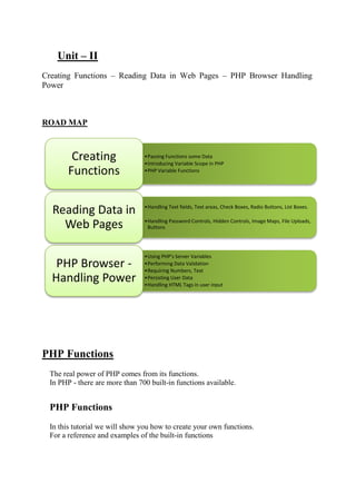 Unit – II
Creating Functions – Reading Data in Web Pages – PHP Browser Handling
Power
ROAD MAP
PHP Functions
The real power of PHP comes from its functions.
In PHP - there are more than 700 built-in functions available.
PHP Functions
In this tutorial we will show you how to create your own functions.
For a reference and examples of the built-in functions
•Passing Functions some Data
•Introducing Variable Scope in PHP
•PHP Variable Functions
Creating
Functions
•Handling Text fields, Text areas, Check Boxes, Radio Buttons, List Boxes.
•Handling Password Controls, Hidden Controls, Image Maps, File Uploads,
Buttons
Reading Data in
Web Pages
•Using PHP's Server Variables
•Performing Data Validation
•Requiring Numbers, Text
•Persisting User Data
•Handling HTML Tags in user input
PHP Browser -
Handling Power
 