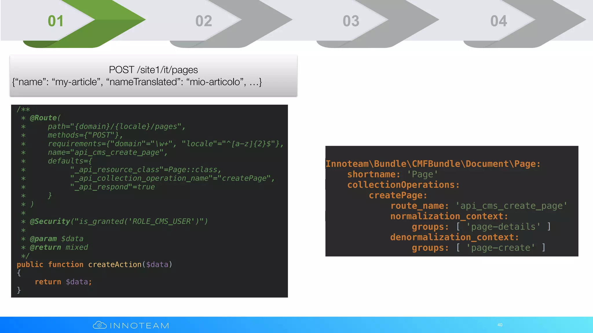 40
POST /site1/it/pages
{“name”: “my-article”, “nameTranslated”: “mio-articolo”, …}
/**
* @Route(
* path="{domain}/{locale}/pages",
* methods={"POST"},
* requirements={"domain"="w+", "locale"="^[a-z]{2}$"},
* name="api_cms_create_page",
* defaults={
* "_api_resource_class"=Page::class,
* "_api_collection_operation_name"="createPage",
* "_api_respond"=true
* }
* )
*
* @Security("is_granted('ROLE_CMS_USER')")
*
* @param $data
* @return mixed
*/
public function createAction($data)
{
return $data;
}
InnoteamBundleCMFBundleDocumentPage:
shortname: 'Page'
collectionOperations:
createPage:
route_name: 'api_cms_create_page'
normalization_context:
groups: [ 'page-details' ]
denormalization_context:
groups: [ 'page-create' ]
01 02 03 04
 