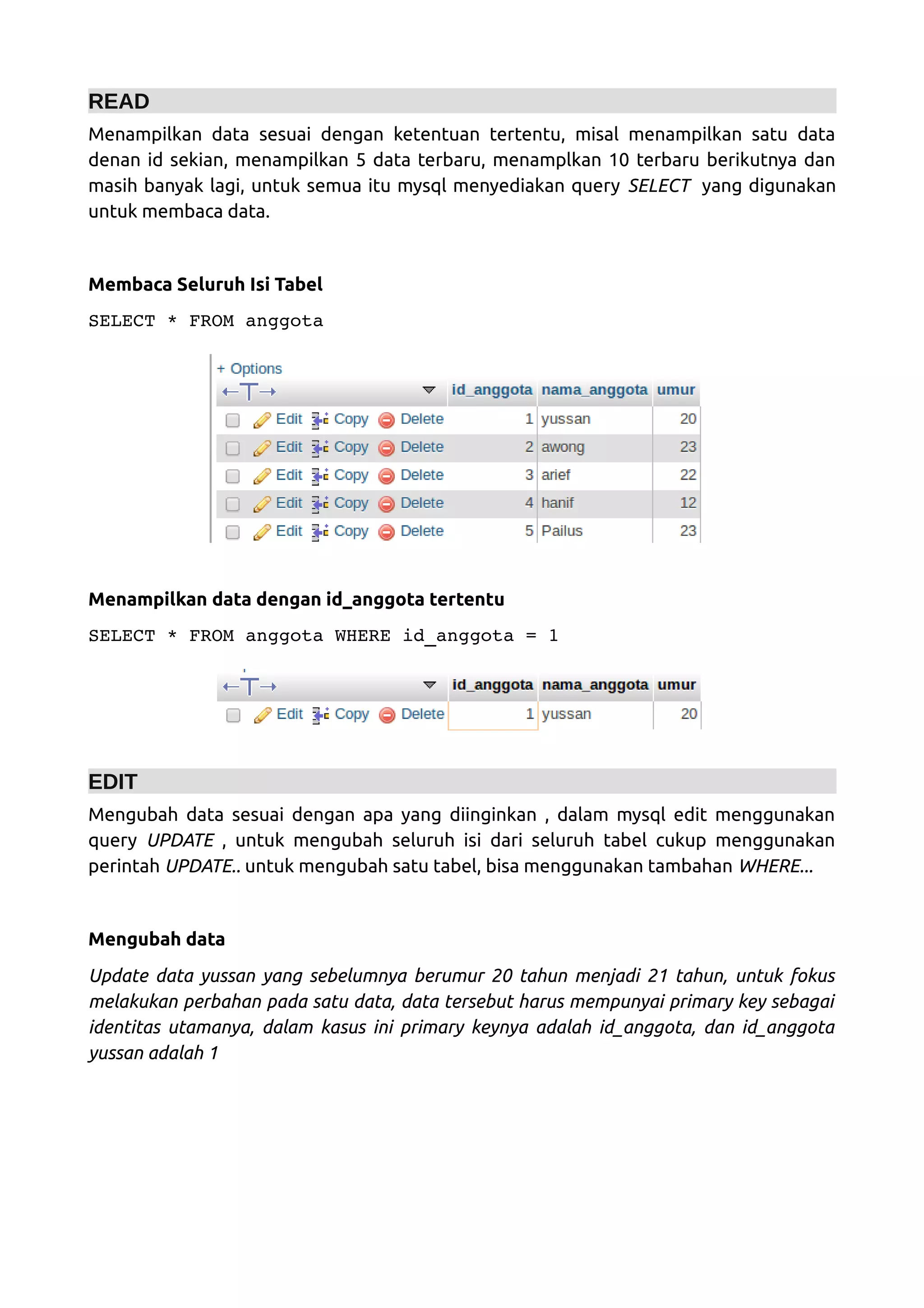 READ Menampilkan data sesuai dengan ketentuan tertentu, misal menampilkan satu data denan id sekian, menampilkan 5 data terbaru, menamplkan 10 terbaru berikutnya dan masih banyak lagi, untuk semua itu mysql menyediakan query SELECT yang digunakan untuk membaca data. Membaca Seluruh Isi Tabel SELECT * FROM anggota   Menampilkan data dengan id_anggota tertentu SELECT * FROM anggota WHERE id_anggota = 1 EDIT Mengubah data sesuai dengan apa yang diinginkan , dalam mysql edit menggunakan query UPDATE , untuk mengubah seluruh isi dari seluruh tabel cukup menggunakan perintah UPDATE.. untuk mengubah satu tabel, bisa menggunakan tambahan WHERE... Mengubah data Update data yussan yang sebelumnya berumur 20 tahun menjadi 21 tahun, untuk fokus melakukan perbahan pada satu data, data tersebut harus mempunyai primary key sebagai identitas utamanya, dalam kasus ini primary keynya adalah id_anggota, dan id_anggota yussan adalah 1 