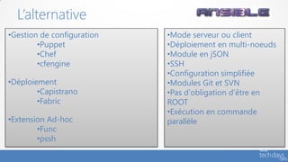 L’alternative
•Gestion de configuration   •Mode serveur ou client
        •Puppet             •Déploiement en multi-noeuds
        •Chef               •Module en jSON
        •cfengine           •SSH
                            •Configuration simplifiée
•Déploiement                •Modules Git et SVN
        •Capistrano         •Pas d'obligation d'être en
        •Fabric             ROOT
                            •Exécution en commande
•Extension Ad-hoc           parallèle
        •Func
        •pssh
 