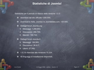 Statistiche di Joomla!


Statistiche per il periodo di rilascio della versione 1.5.3:

          download dal sito ufficiale +200.000;

          download in Italia, Joomla.it e Joomlaitalia.com, +20.000;

          Dettagli forum Joomla.org:
              Messaggi: 1.299.903;
              Discussioni: 290.765;
              Membri: 189.745;

          Dettagli forum Joomla.it:
              Messaggi: 184.900;
              Discussioni: 36.617;
              Utenti: 27.358;

          1.5.3 è rilasciata alla revisione 10.224;

          45 linguaggi di installazione disponibili.




Luca Scarpa                     23 Maggio 2008 - phpDay - Joomla! 1.5   Pagina 5
