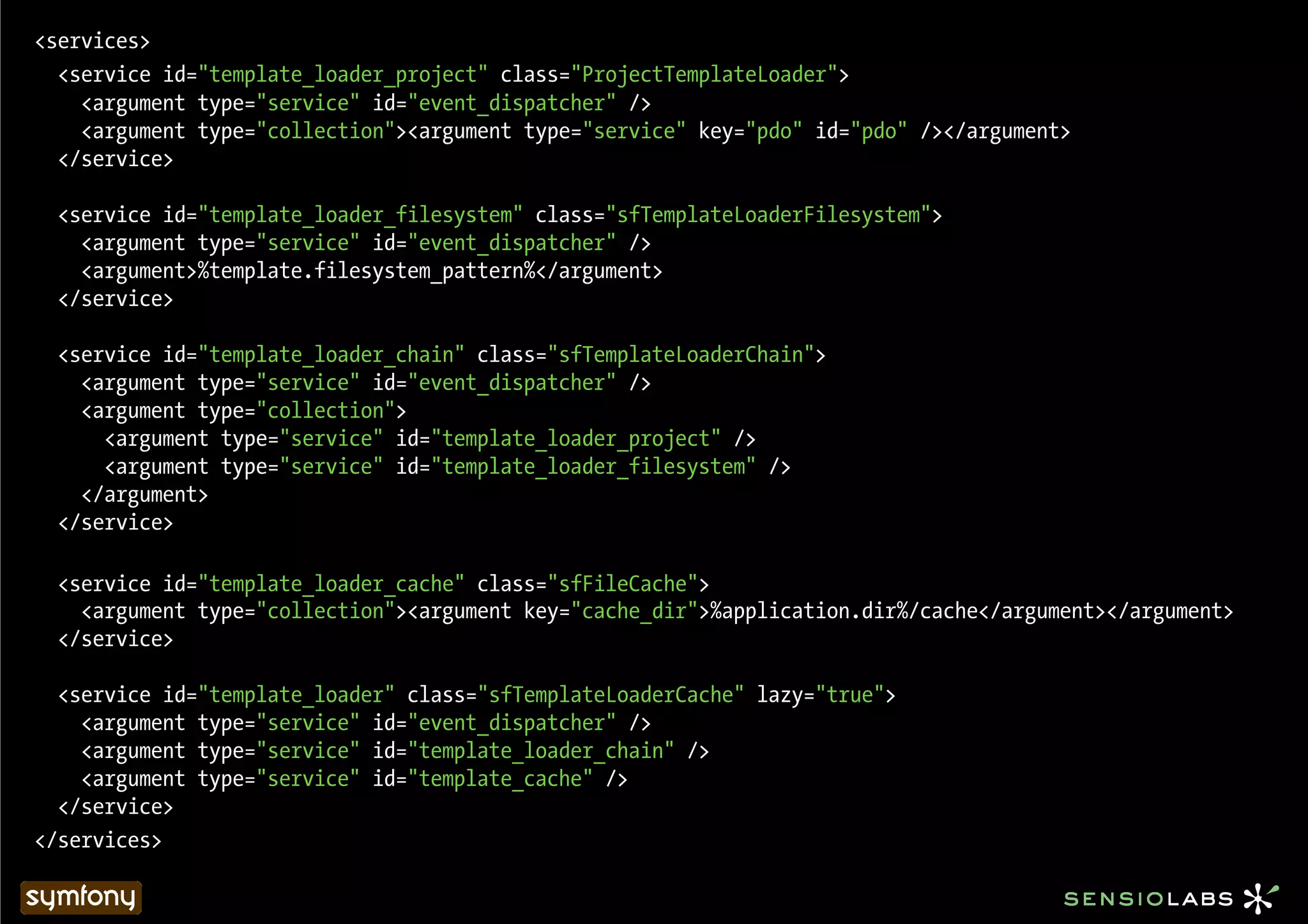 <services>
  <service id="template_loader_project" class="ProjectTemplateLoader">
    <argument type="service" id="event_dispatcher" />
    <argument type="collection"><argument type="service" key="pdo" id="pdo" /></argument>
  </service>

  <service id="template_loader_filesystem" class="sfTemplateLoaderFilesystem">
    <argument type="service" id="event_dispatcher" />
    <argument>%template.filesystem_pattern%</argument>
  </service>

  <service id="template_loader_chain" class="sfTemplateLoaderChain">
    <argument type="service" id="event_dispatcher" />
    <argument type="collection">
      <argument type="service" id="template_loader_project" />
      <argument type="service" id="template_loader_filesystem" />
    </argument>
  </service>

  <service id="template_loader_cache" class="sfFileCache">
    <argument type="collection"><argument key="cache_dir">%application.dir%/cache</argument></argument>
  </service>

  <service id="template_loader" class="sfTemplateLoaderCache" lazy="true">
    <argument type="service" id="event_dispatcher" />
    <argument type="service" id="template_loader_chain" />
    <argument type="service" id="template_cache" />
  </service>
</services>
 