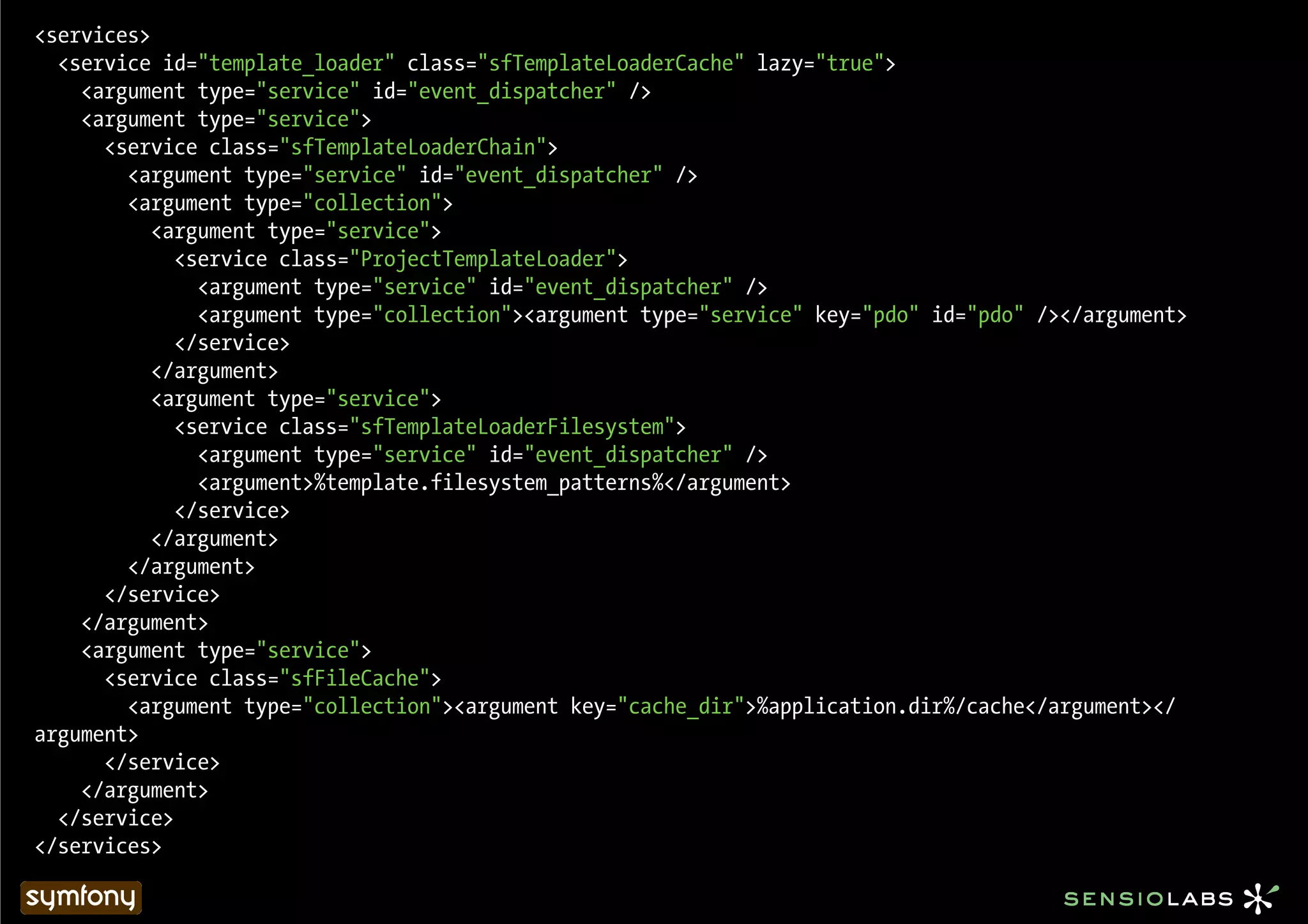 <services>
  <service id="template_loader" class="sfTemplateLoaderCache" lazy="true">
    <argument type="service" id="event_dispatcher" />
    <argument type="service">
      <service class="sfTemplateLoaderChain">
        <argument type="service" id="event_dispatcher" />
        <argument type="collection">
           <argument type="service">
             <service class="ProjectTemplateLoader">
               <argument type="service" id="event_dispatcher" />
               <argument type="collection"><argument type="service" key="pdo" id="pdo" /></argument>
             </service>
           </argument>
           <argument type="service">
             <service class="sfTemplateLoaderFilesystem">
               <argument type="service" id="event_dispatcher" />
               <argument>%template.filesystem_patterns%</argument>
             </service>
           </argument>
        </argument>
      </service>
    </argument>
    <argument type="service">
      <service class="sfFileCache">
        <argument type="collection"><argument key="cache_dir">%application.dir%/cache</argument></
argument>
      </service>
    </argument>
  </service>
</services>
 