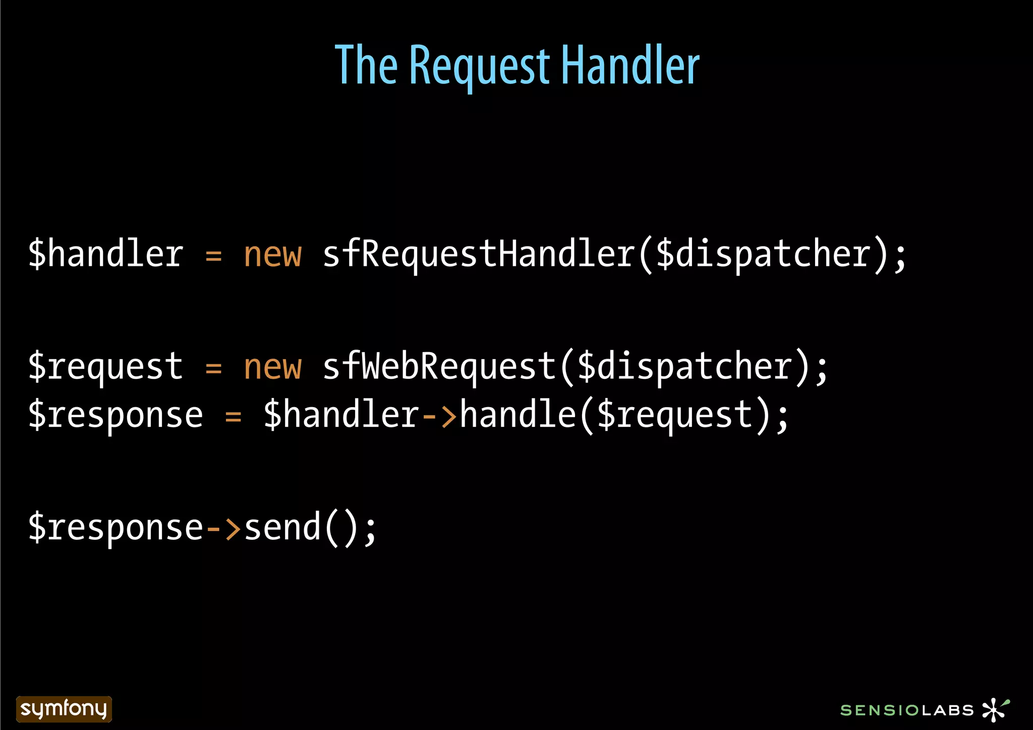 The Request Handler


$handler = new sfRequestHandler($dispatcher);

$request = new sfWebRequest($dispatcher);
$response = $handler->handle($request);

$response->send();
 