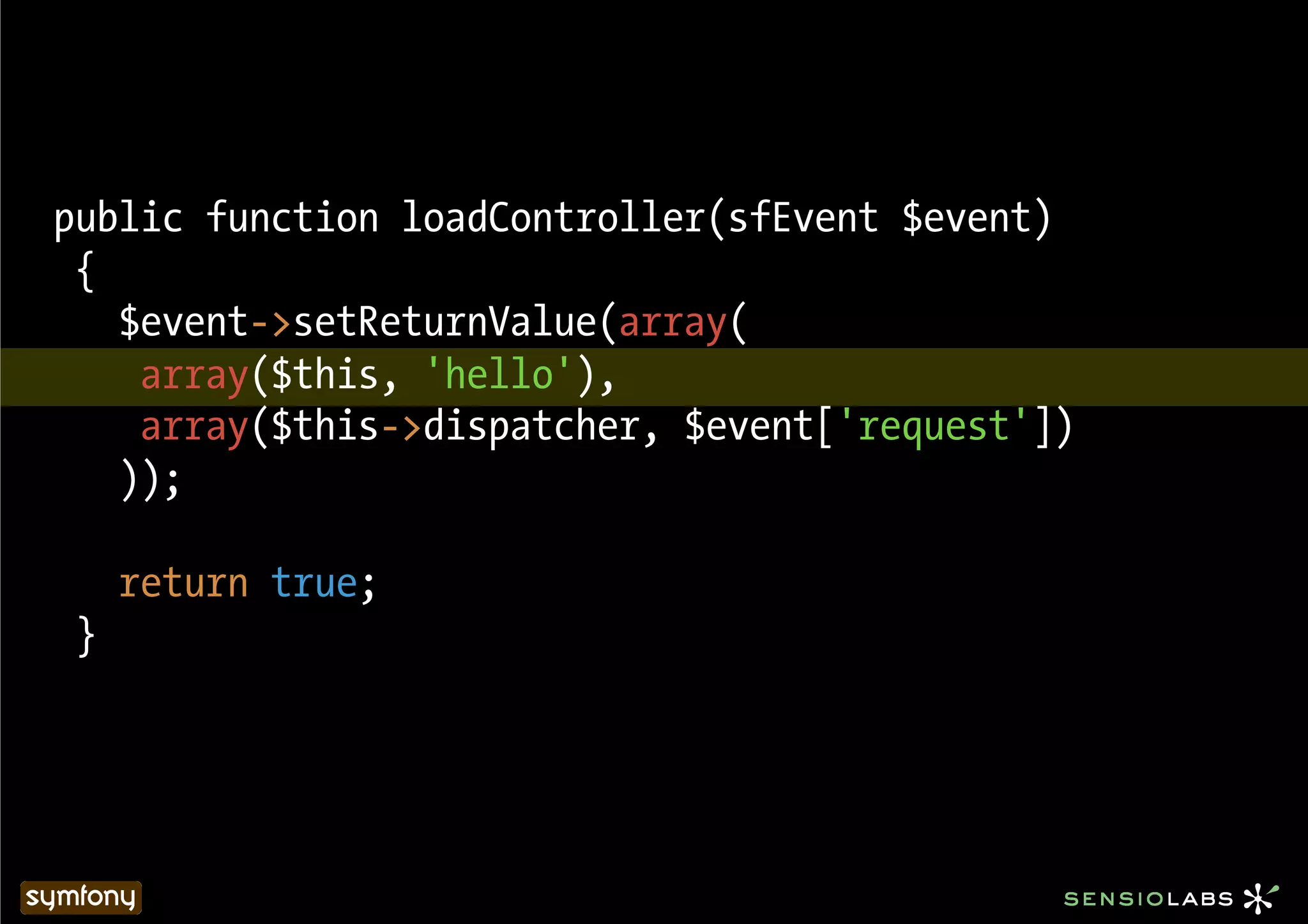 public function loadController(sfEvent $event)
 {
   $event->setReturnValue(array(
    array($this, 'hello'),
    array($this->dispatcher, $event['request'])
   ));

     return true;
 }
 