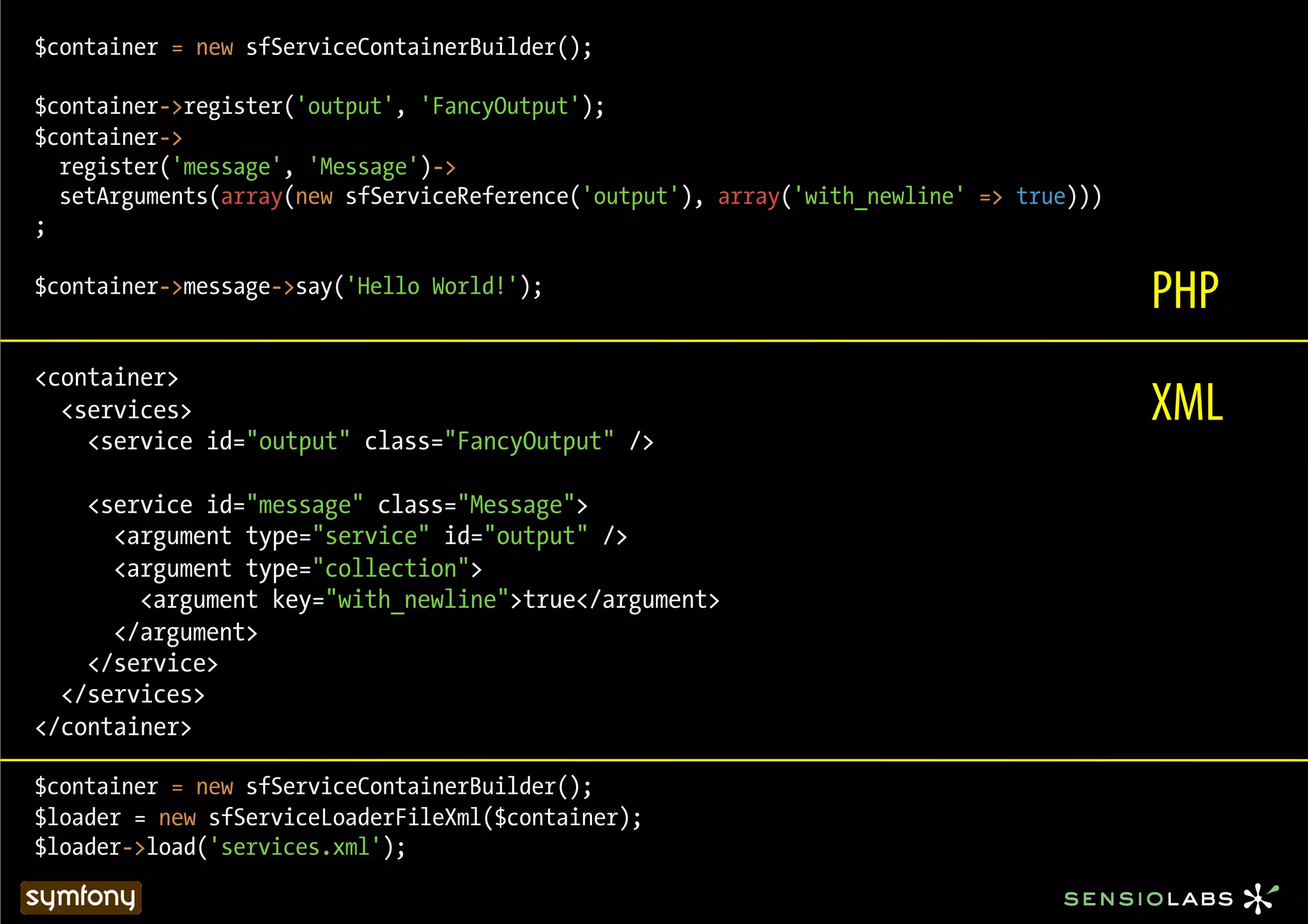$container = new sfServiceContainerBuilder();

$container->register('output', 'FancyOutput');
$container->
  register('message', 'Message')->
  setArguments(array(new sfServiceReference('output'), array('with_newline' => true)))
;

$container->message->say('Hello World!');
                                                                                         PHP
<container>
  <services>                                                                             XML
    <service id="output" class="FancyOutput" />

    <service id="message" class="Message">
      <argument type="service" id="output" />
      <argument type="collection">
        <argument key="with_newline">true</argument>
      </argument>
    </service>
  </services>
</container>

$container = new sfServiceContainerBuilder();
$loader = new sfServiceLoaderFileXml($container);
$loader->load('services.xml');
 