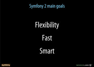 Symfony 2 main goals


   Flexibility
       Fast
     Smart
 