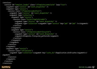 <services>
  <service id="template_loader" class="sfTemplateLoaderCache" lazy="true">
    <argument type="service" id="event_dispatcher" />
    <argument type="service">
      <service class="sfTemplateLoaderChain">
        <argument type="service" id="event_dispatcher" />
        <argument type="collection">
           <argument type="service">
             <service class="ProjectTemplateLoader">
               <argument type="service" id="event_dispatcher" />
               <argument type="collection"><argument type="service" key="pdo" id="pdo" /></argument>
             </service>
           </argument>
           <argument type="service">
             <service class="sfTemplateLoaderFilesystem">
               <argument type="service" id="event_dispatcher" />
               <argument>%template.filesystem_patterns%</argument>
             </service>
           </argument>
        </argument>
      </service>
    </argument>
    <argument type="service">
      <service class="sfFileCache">
        <argument type="collection"><argument key="cache_dir">%application.dir%/cache</argument></
argument>
      </service>
    </argument>
  </service>
</services>
 