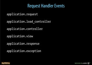 Request Handler Events
application.request

application.load_controller

application.controller

application.view

application.response

application.exception
 