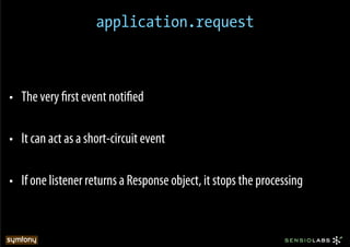 application.request



•  The very ﬁrst event notiﬁed

•  It can act as a short-circuit event

•  If one listener returns a Response object, it stops the processing
 