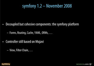symfony 1.2 – November 2008


•  Decoupled but cohesive components: the symfony platform

   –  Forms, Routing, Cache, YAML, ORMs, …

•  Controller still based on Mojavi

   –  View, Filter Chain, …
 