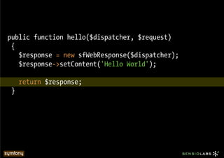 public function hello($dispatcher, $request)
 {
   $response = new sfWebResponse($dispatcher);
   $response->setContent('Hello World');

    return $response;
}
 