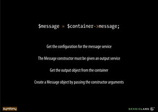 $message = $container->message;


        Get the conﬁguration for the message service

  The Message constructor must be given an output service

          Get the output object from the container

Create a Message object by passing the constructor arguments
 