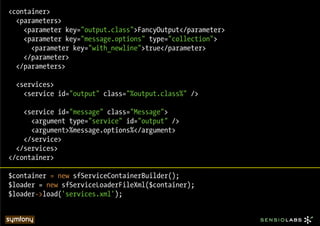 <container>
  <parameters>
    <parameter key="output.class">FancyOutput</parameter>
    <parameter key="message.options" type="collection">
      <parameter key="with_newline">true</parameter>
    </parameter>
  </parameters>

  <services>
    <service id="output" class="%output.class%" />

    <service id="message" class="Message">
      <argument type="service" id="output" />
      <argument>%message.options%</argument>
    </service>
  </services>
</container>

$container = new sfServiceContainerBuilder();
$loader = new sfServiceLoaderFileXml($container);
$loader->load('services.xml');
 