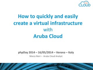 phpDay 2014 – 16/05/2014 – Verona – Italy
Marco Nieri – Aruba Cloud Analyst
How to quickly and easily
create a virtual infrastructure
with
Aruba Cloud
 