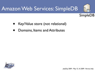 Amazon Web Services: SimpleDB
                                                             SimpleDB

    •   Key/Value store (not relational)
    •   Domains, Items and Attributes




                                     phpDay 2009 - May 15, 16 2009 - Verona, Italy
 