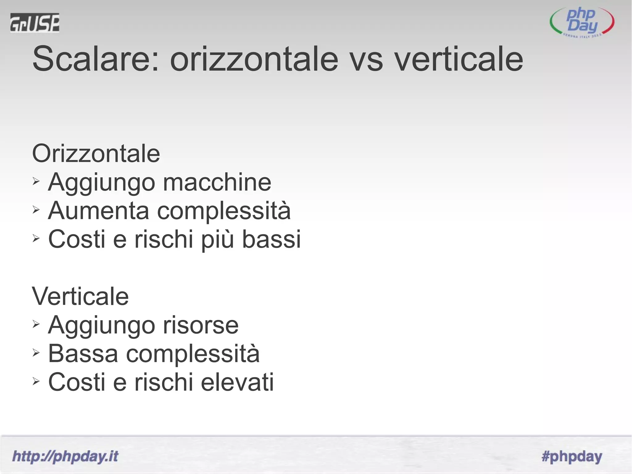 Scalare: orizzontale vs verticale

Orizzontale
➢ Aggiungo macchine

➢ Aumenta complessità

➢ Costi e rischi più bassi




Verticale
➢ Aggiungo risorse

➢ Bassa complessità

➢ Costi e rischi elevati
 