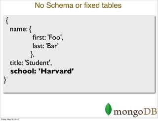 No Schema or ﬁxed tables

     {
          name: {
                    ﬁrst: 'Foo',
                    last: 'Bar'
      ...