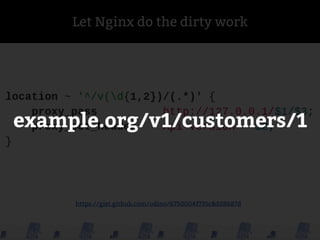 Let Nginx do the dirty work
https://gist.github.com/odino/6750004f735c8d08687d
$req->getHeader(‘Api-Version’)
 
