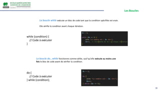 Les Boucles
18
La boucle while exécute un bloc de code tant que la condition spécifiée est vraie.
Elle vérifie la condition avant chaque itération.
while (condition) {
// Code à exécuter
}
La boucle do...while fonctionne comme while, sauf qu'elle exécute au moins une
fois le bloc de code avant de vérifier la condition.
do {
// Code à exécuter
} while (condition);
 