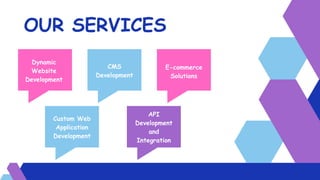OUR SERVICES
API
Development
and
Integration
Dynamic
Website
Development
Custom Web
Application
Development
E-commerce
Solutions
CMS
Development
 