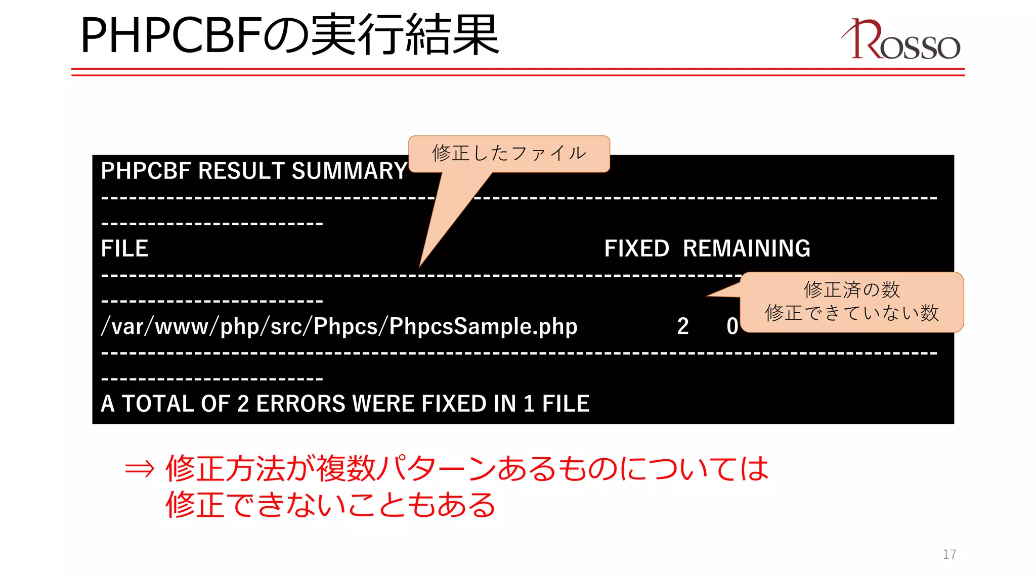 PHPCBFの実行結果
PHPCBF RESULT SUMMARY
------------------------------------------------------------------------------------------
------------------------
FILE FIXED REMAINING
------------------------------------------------------------------------------------------
------------------------
/var/www/php/src/Phpcs/PhpcsSample.php 2 0
------------------------------------------------------------------------------------------
------------------------
A TOTAL OF 2 ERRORS WERE FIXED IN 1 FILE
------------------------------------------------------------------------------------------
------------------------
Time: 872ms; Memory: 4Mb
修正済の数
修正できていない数
修正したファイル
⇒ 修正方法が複数パターンあるものについては
修正できないこともある
17
 