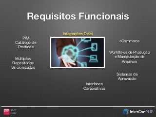 PHP
DAM
Requisitos Funcionais
Integrações DAM
Workﬂows de Produção
e Manipulação de
Arquivos
Sistemas de
Aprovação
Interfaces
Corporativas
PIM
Catálogo de
Produtos
Múltiplos
Repositórios
Sincronizados
eCommerce
 