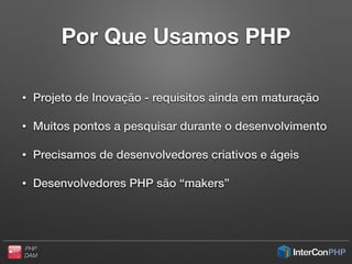 PHP
DAM
Ativo Digital
Deﬁnição de Ativo Digital
Arquivo Digital
Metadados intrínsecos
Formato
Criação
Tamanho
Dimensões
XMP
…
Metadados de Negócio
Dono do ativo
Permissões
DRM
…
Metadados de Conteúdo
Objetos referenciados
Links
Conteúdo
…
 