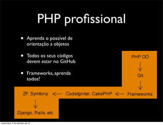 PHP proﬁssional
                      •      Aprenda o possível de
                             orientação a objetos

                      •      Todos os seus códigos
                             devem estar no GitHub

                      •      Frameworks, aprenda
                             todos!




quarta-feira, 5 de setembro de 12
 