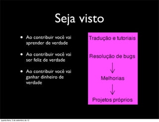 Seja visto
                      •      Ao contribuir você vai
                             aprender de verdade

                      •      Ao contribuir você vai
                             ser feliz de verdade

                      •      Ao contribuir você vai
                             ganhar dinheiro de
                             verdade




quarta-feira, 5 de setembro de 12
 