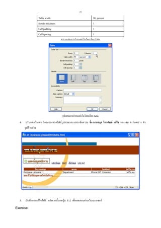 25

Table width
Border thickness
Cell padding
Cell spacing

90 percent
1
1
1
ตารางแสดงการกําหนดคาในไดอะล็อก Table

รูปแสดงการกําหนดคาในไดอะล็อก Table

4.

ปรับแตงเว็บเพจ โดยการแทรกไฟลรูปภาพ และแทรกขอความ ชื่อ นามสกุล โทรศัพท แกไข และ ลบ ลงในตาราง ดัง
รูปดานลาง

5.

บันทึกการแกไขไฟล หลังจากนั้นกดปุม F12 เพื่อทดสอบผานเว็บเบราเซอร

Exercise:

 
