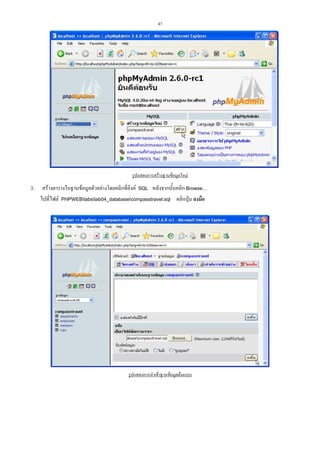 47

รูปแสดงการสรางฐานขอมูลใหม

3.

สรางตารางในฐานขอมูลตัวอยางโดยคลิกที่ลิงค SQL หลังจากนั้นคลิก Browse…
ไปที่ไฟล PHPWEBlabslab04_databasecompasstravel.sql คลิกปุม ลงมือ

รูปแสดงการนําเขาฐานขอมูลตนแบบ

 