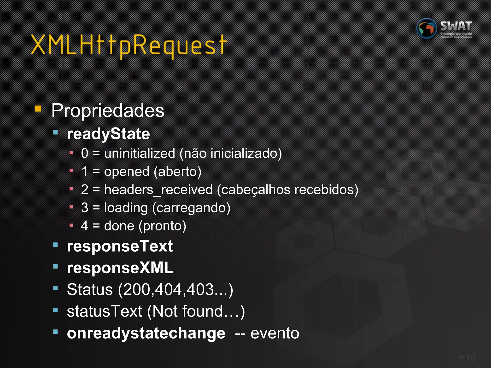 Propriedades readyState   0 = uninitialized (não inicializado) 1 = opened (aberto) 2 = headers_received (cabeçalhos recebidos) 3 = loading (carregando) 4 = done (pronto) responseText   responseXML  Status (200,404,403...) statusText (Not found…) onreadystatechange   -- evento #  