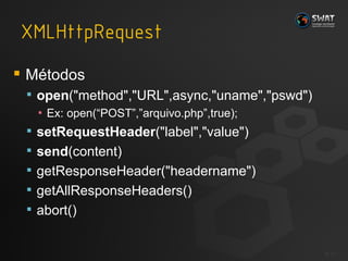 Métodos open ("method","URL",async,"uname","pswd")  Ex: open(“POST”,”arquivo.php”,true); setRequestHeader ("label","value")  send (content)  getResponseHeader("headername")  getAllResponseHeaders()  abort()  #  