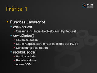 Funções Javascript criaRequest Cria uma instância do objeto XmlHttpRequest enviaDados() Reúne os dados Usa o Request para enviar os dados por POST Define função de retorno recebeDados() Verifica estado Recebe valores Altera DOM #  