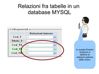 Relazioni fra tabelle in un
    database MYSQL




                         In questa finestra
                             andremo a
                              definire le
                          relazioni esterne
                             delle chiavi.
 
