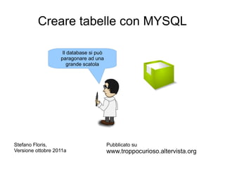 Creare tabelle con MYSQL

                    Il database si può
                   paragonare ad una
                       grande scatola




Stefano Floris,                          Pubblicato su
Versione ottobre 2011a                   www.troppocurioso.altervista.org
 