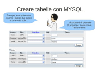 Creare tabelle con MYSQL
 Ecco per esempio come
inserire i dati di due autori
    in una volta sola...
                                ...ricordatevi di premere
                                [Esegui] per confermare
                                       l'inserimento.
 