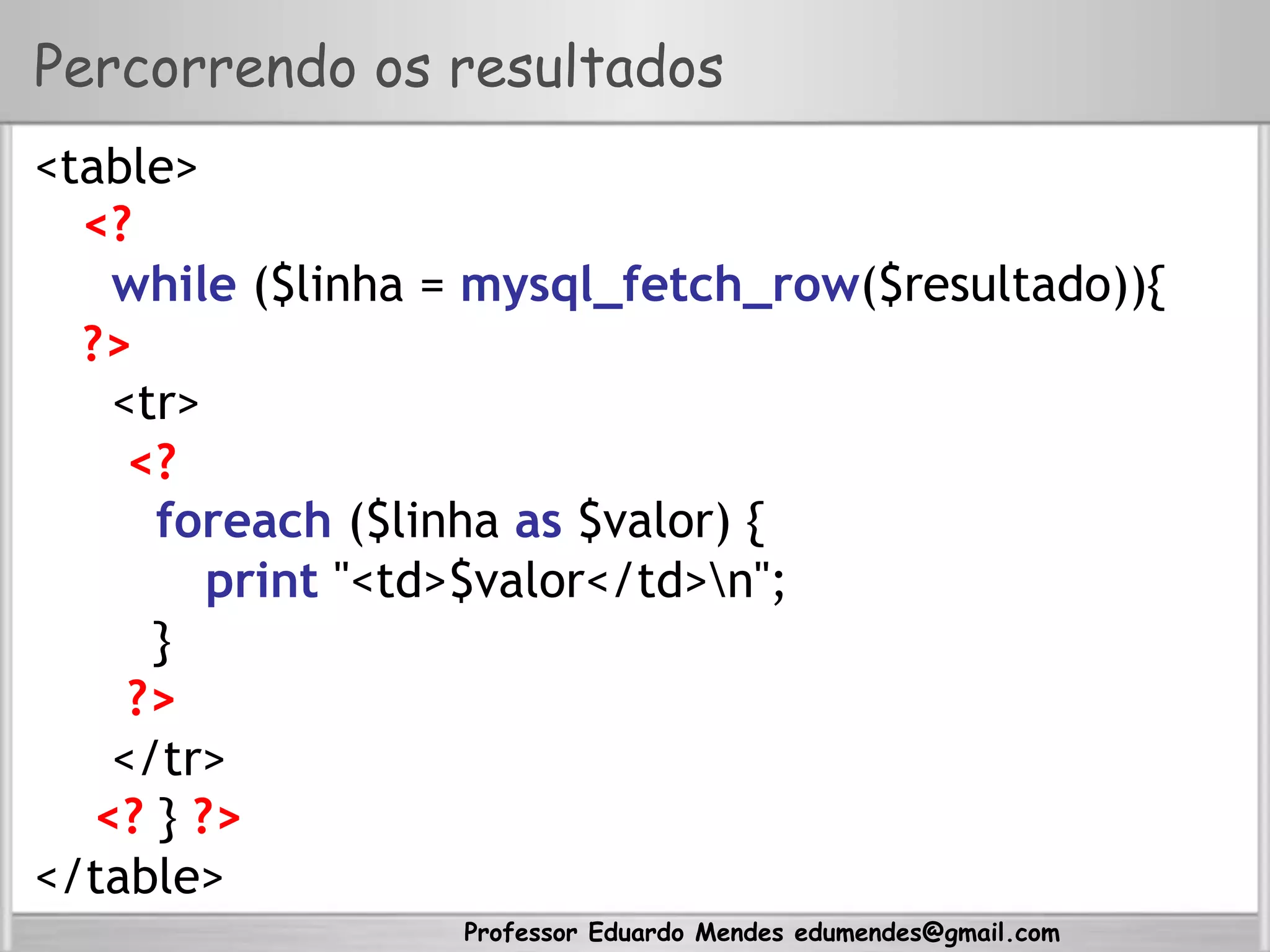 Professor Eduardo Mendes edumendes@gmail.com
Percorrendo os resultados
<table>
<?
while ($linha = mysql_fetch_row($resultado)){
?>
<tr>
<?
foreach ($linha as $valor) {
print "<td>$valor</td>n";
}
?>
</tr>
<? } ?>
</table>
 