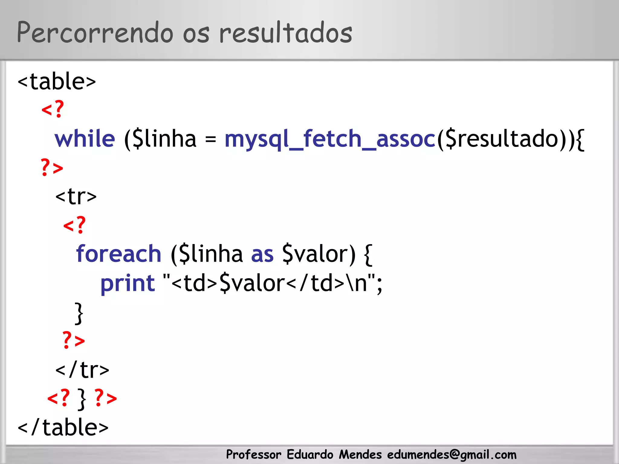 Professor Eduardo Mendes edumendes@gmail.com
Percorrendo os resultados
<table>
<?
while ($linha = mysql_fetch_assoc($resultado)){
?>
<tr>
<?
foreach ($linha as $valor) {
print "<td>$valor</td>n";
}
?>
</tr>
<? } ?>
</table>
 