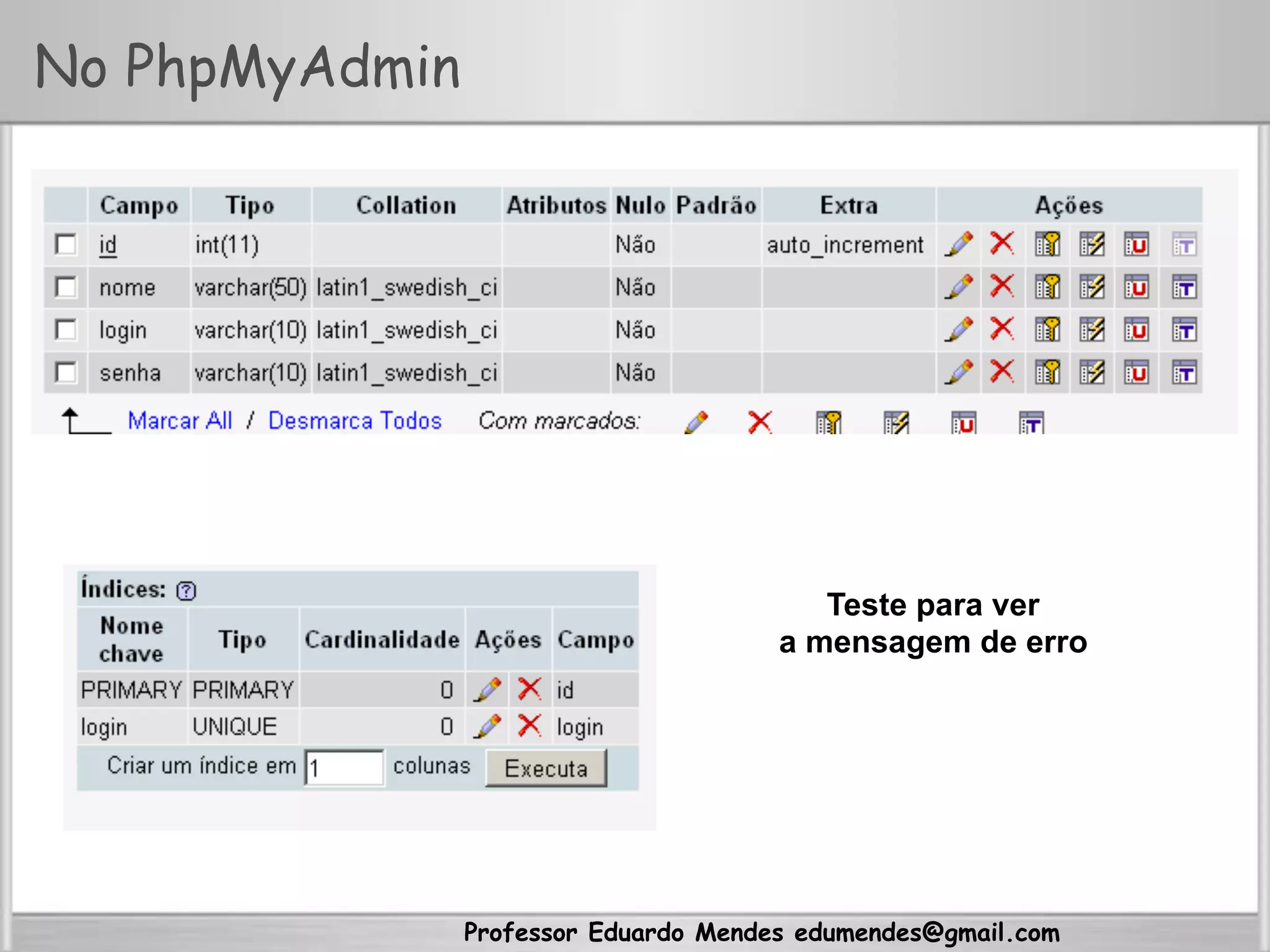 Professor Eduardo Mendes edumendes@gmail.com
No PhpMyAdmin
Teste para ver
a mensagem de erro
 
