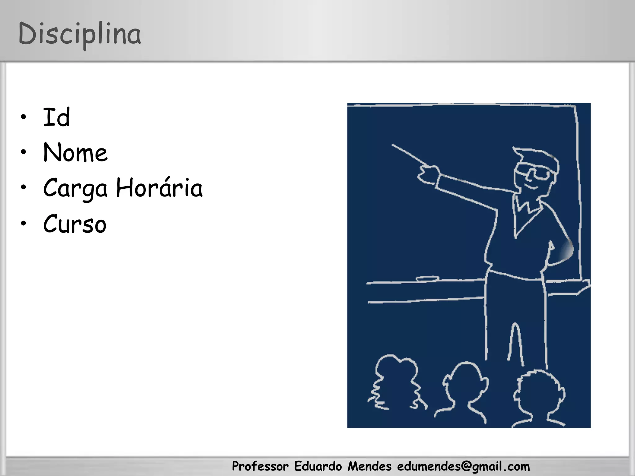 Professor Eduardo Mendes edumendes@gmail.com
Disciplina
•  Id
•  Nome
•  Carga Horária
•  Curso
 