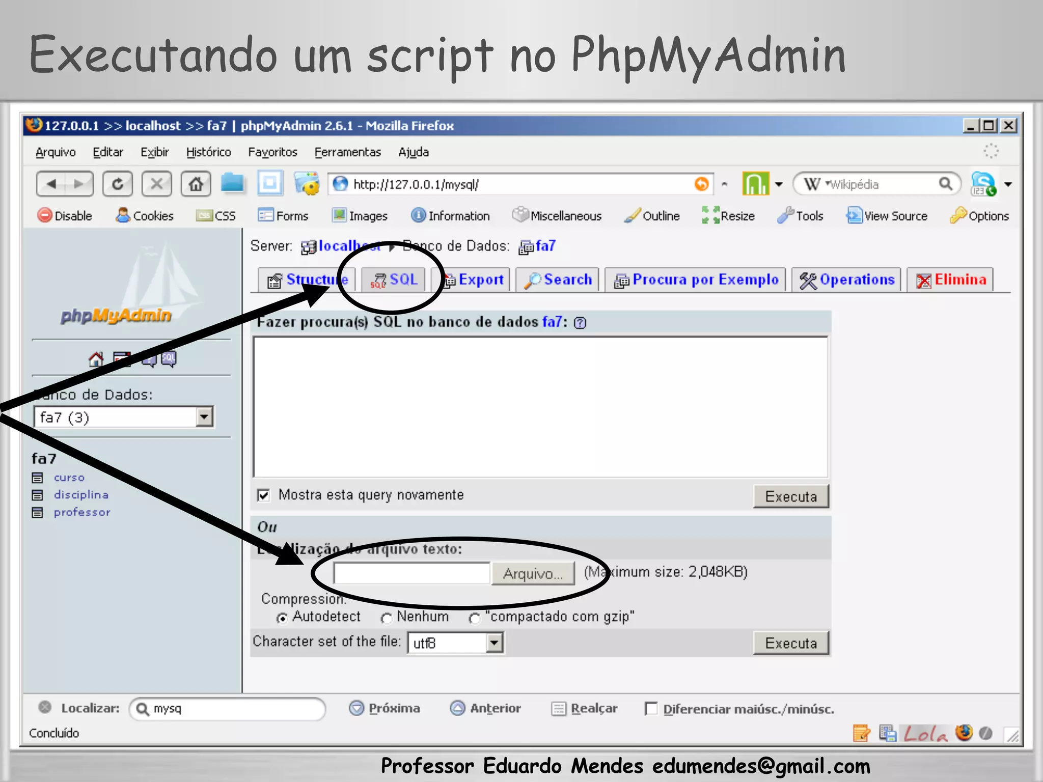 Professor Eduardo Mendes edumendes@gmail.com
Executando um script no PhpMyAdmin
 